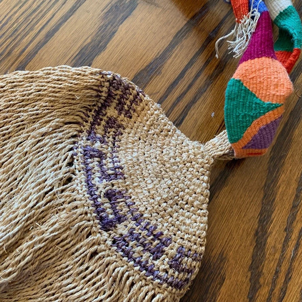 Vintage Hand Woven Sisal Net Backpack Bag Multicolor Woven Straps Boho